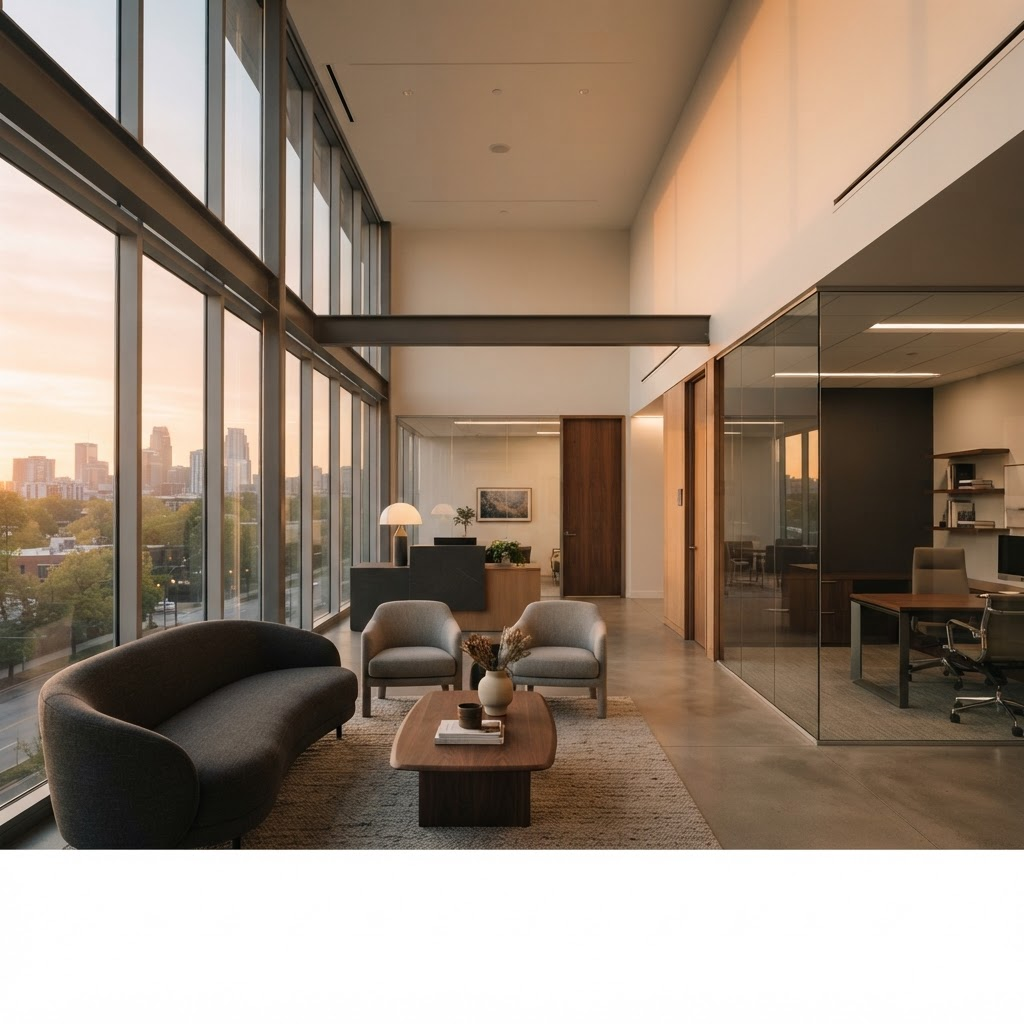 A sophisticated, light-filled modern practice interior representing calm strategic authority